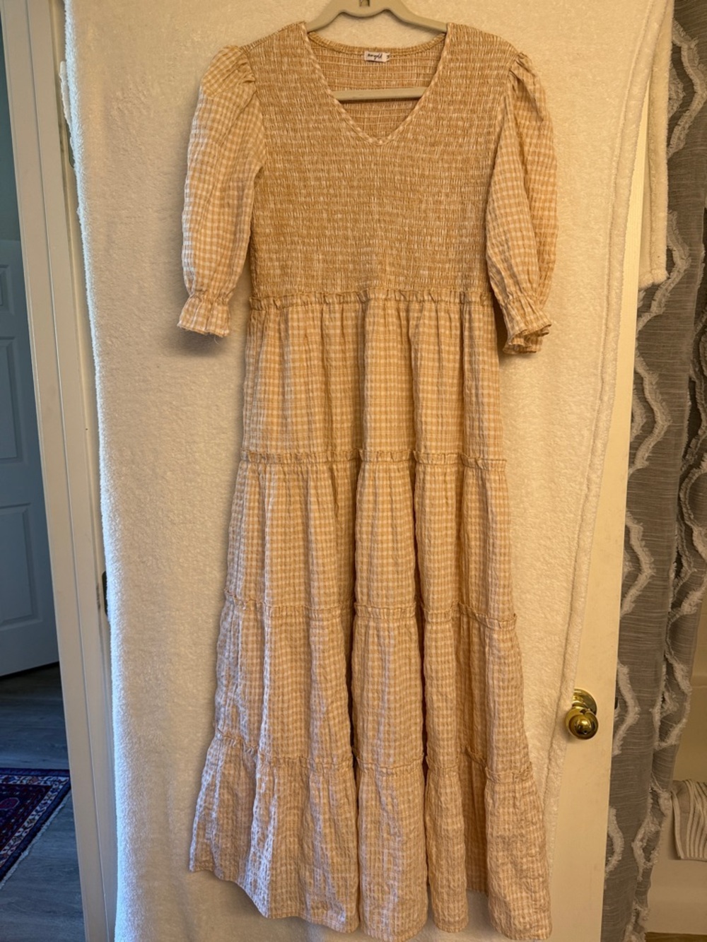 Marigold Beige Gingham Smocked Bodice Tiered Maxi Dress with Puff sleeves